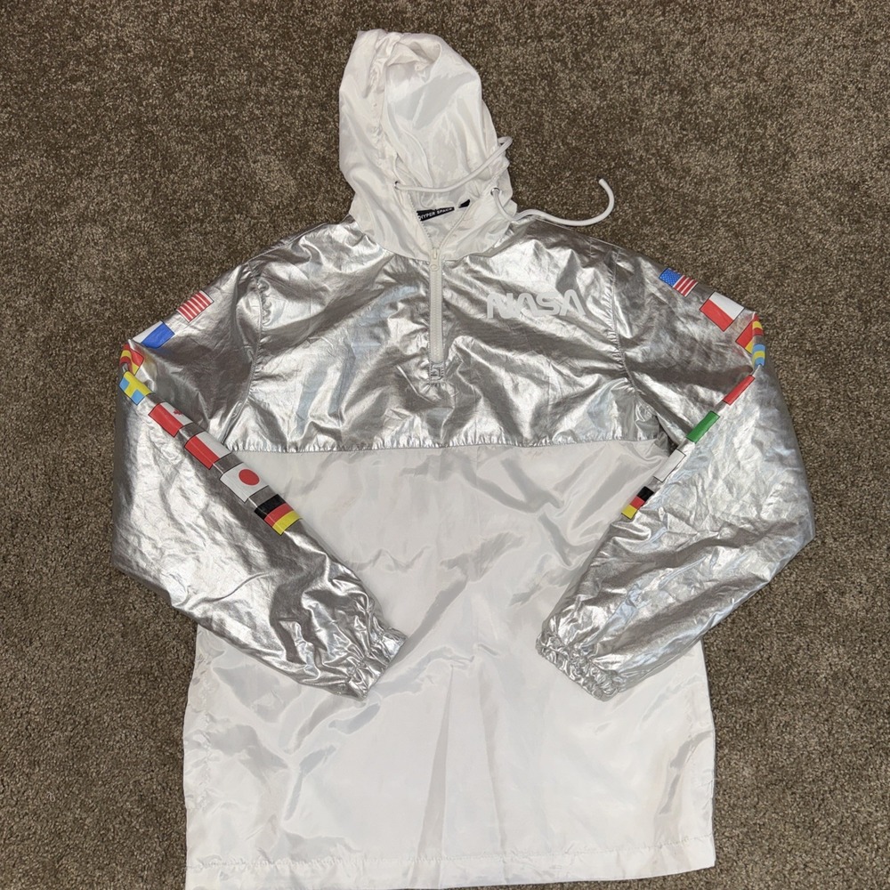 NASA Windbreaker Jacket Men Small International Flag Hyper Space Reflective